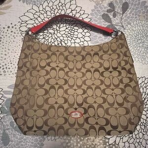 Coach Tan and Red Signature Shoulder Bag